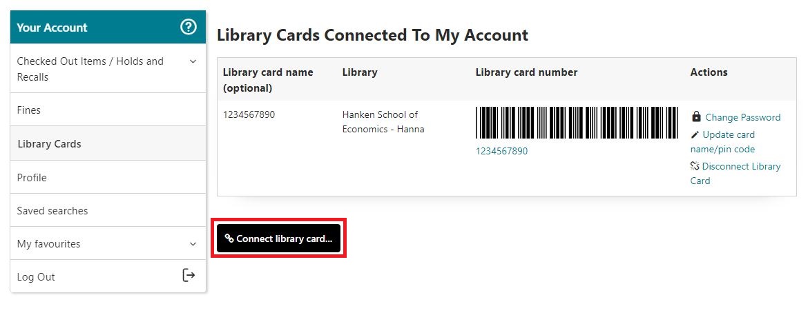In your personal account in Hanna you can find the Connect library card button in the tab Library Cards.